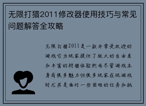 无限打猎2011修改器使用技巧与常见问题解答全攻略